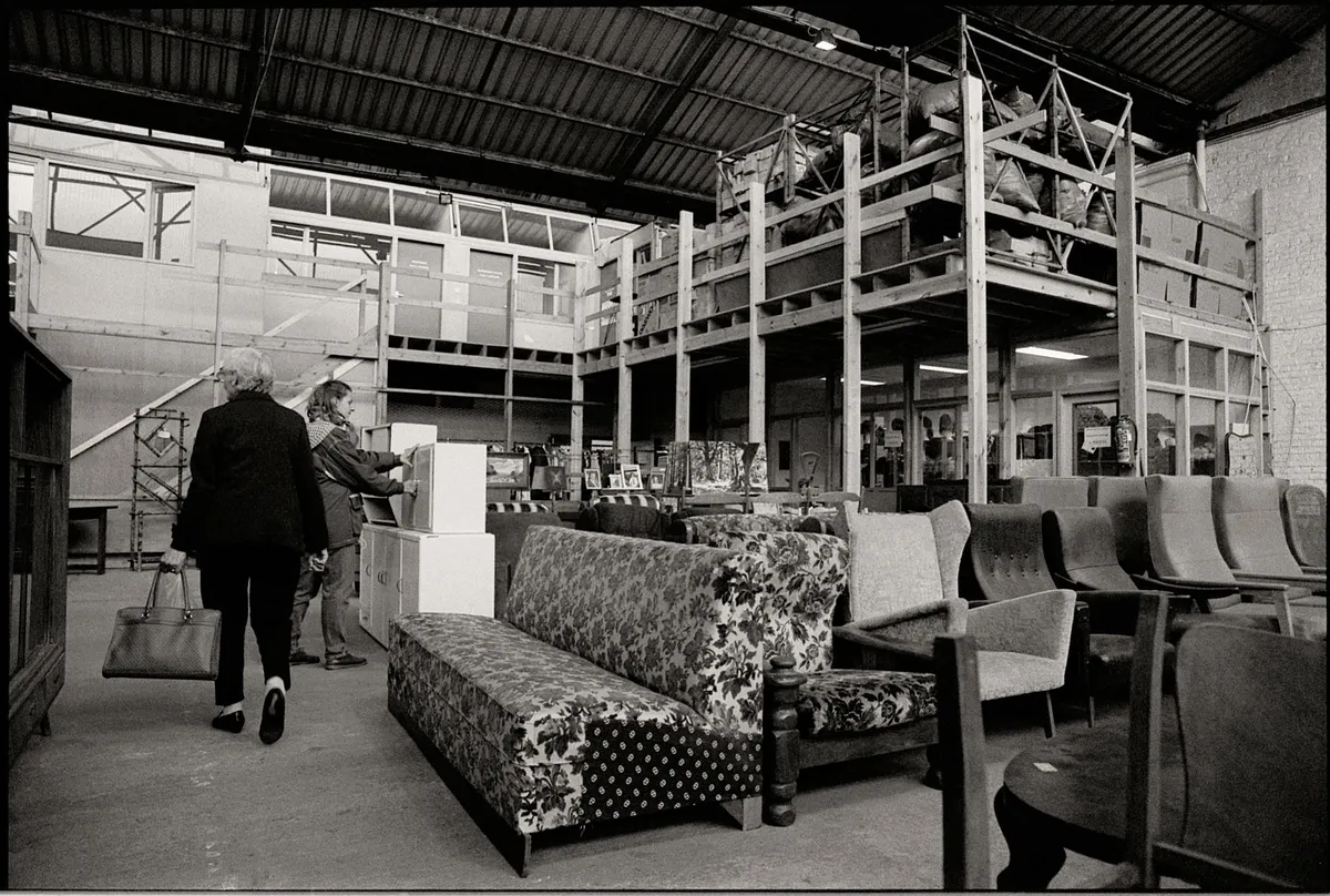 warehouse interior bustling with shoppers