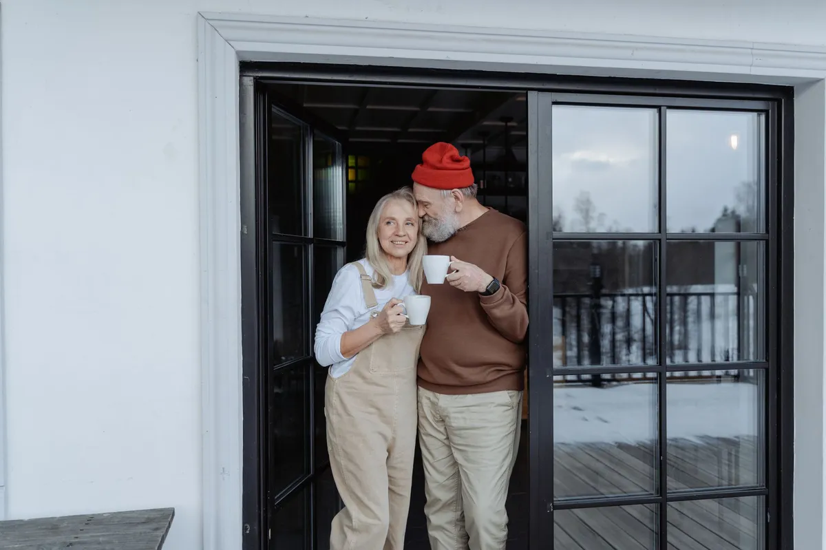 retired couple enjoying coffee