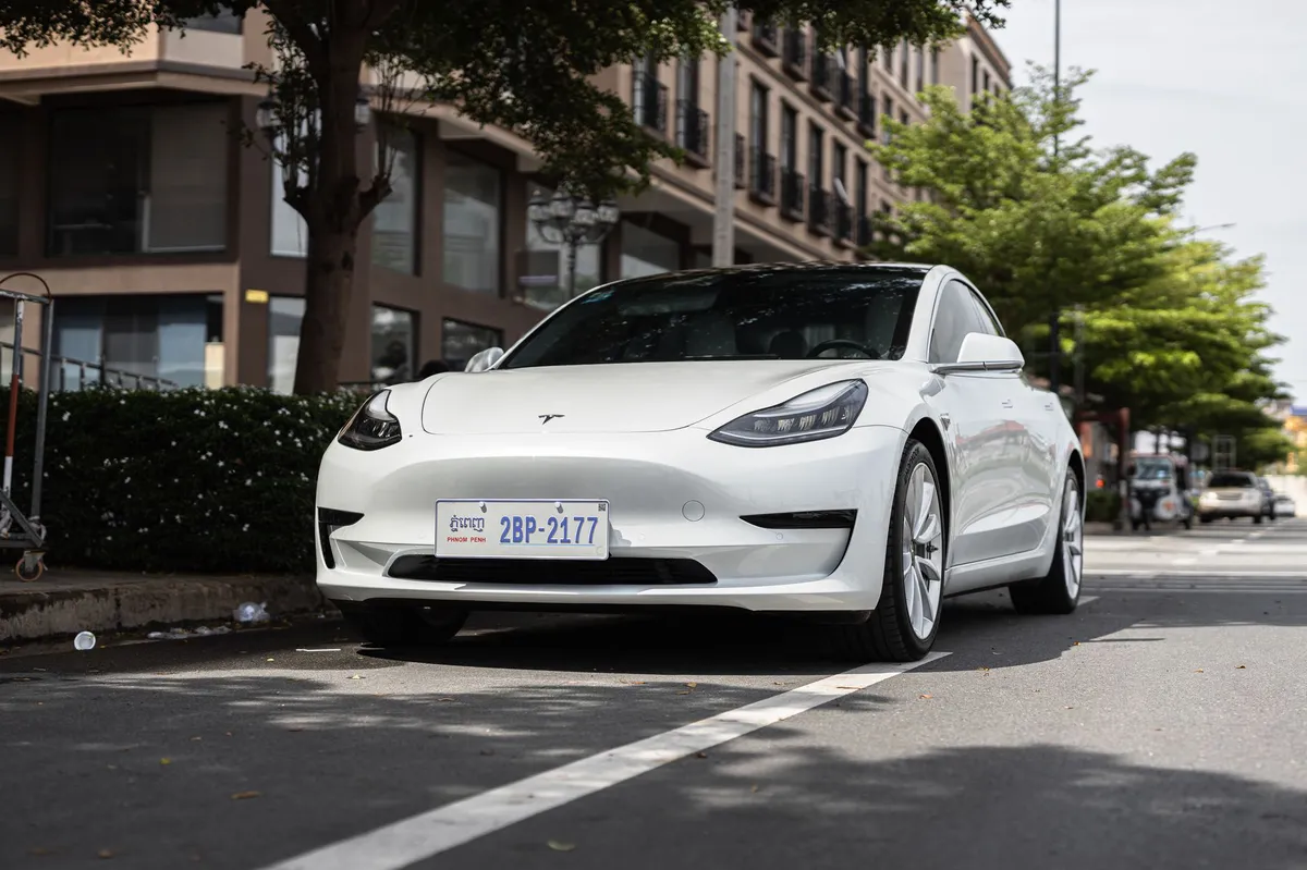 Tesla electric vehicle in city