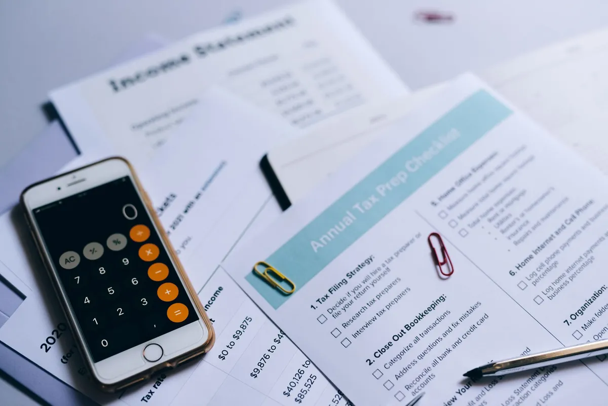 tax documents and calculator